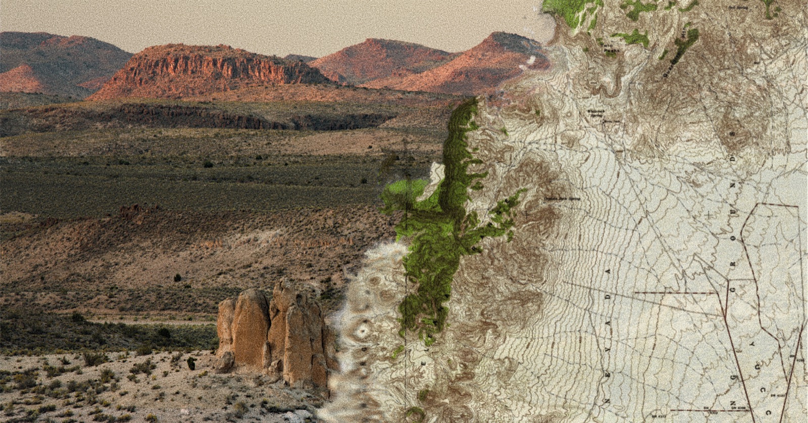A high-desert landscape of red mesas and sagebrush flats dissolving at a torn edge into a 1952 USGS topographic map of the Nevada Test Site region.